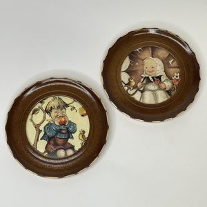 Vintage 70s Wall Art Wood Plaques Bot and Girl Hummel Like Pictures Set of 2